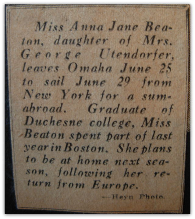 Newspaper article from scrapbook of Anna Jane Beaton's trip to Europe, June 1929.