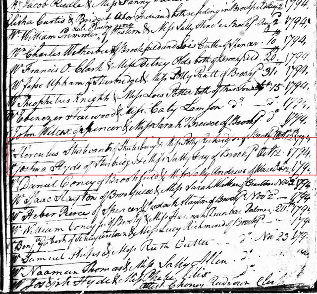 Joshua Hyde of Sturbridge to Miss Sally Fay of Brookfield Oct 12, 1794. Image courtesy of ancestry.com